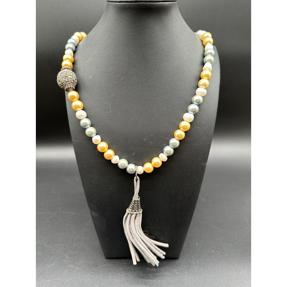 Boho Hand-Knotted Pearl Gemstone‎ Mala Necklace Silver Cap Grey Tassel 24.5in